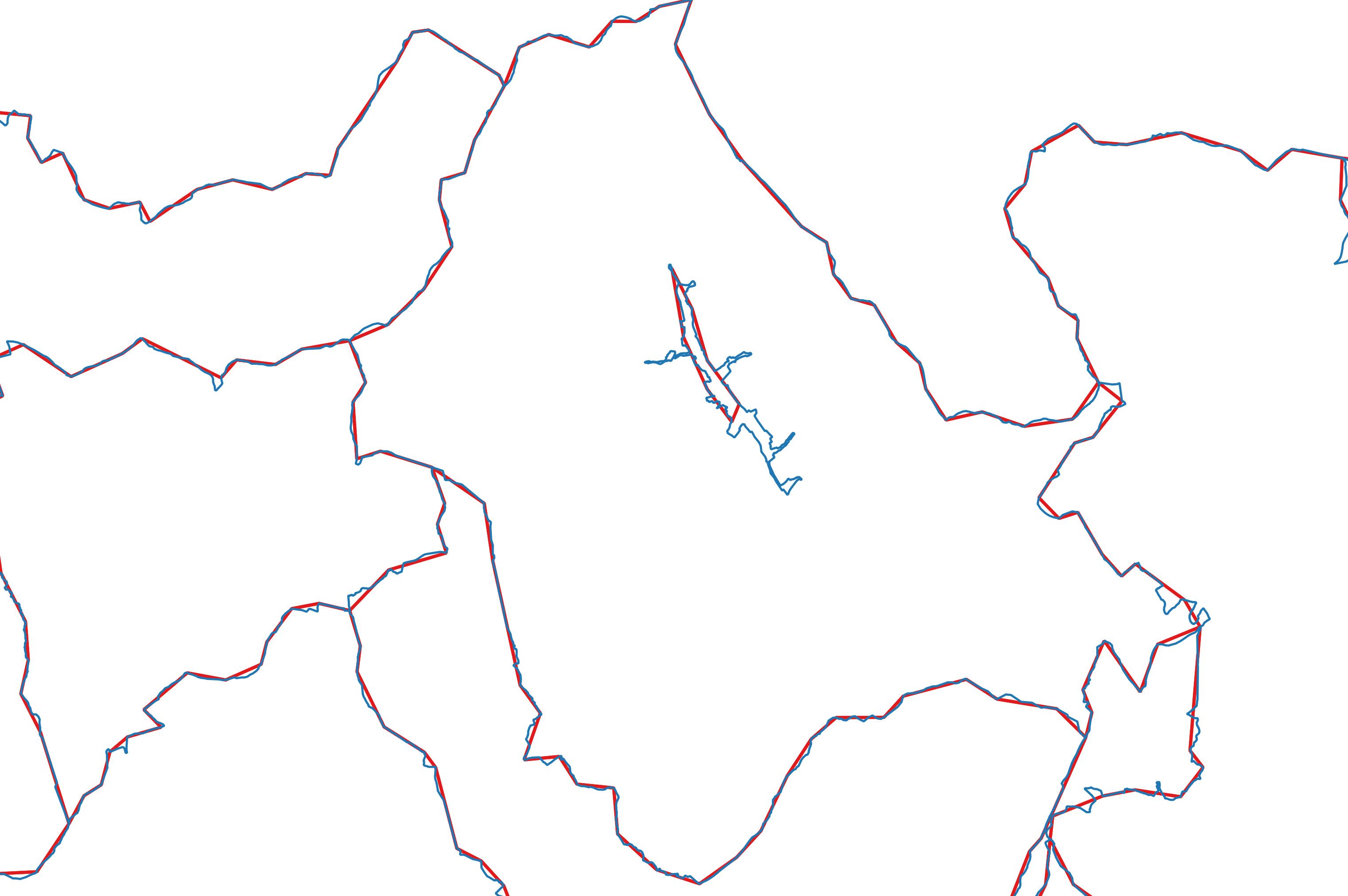Exemplu: situația geometriei UAT Bălan (albastru: geometria originală; roșu: geometria simplificată de tip polygon)