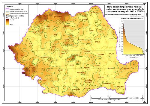 Harta corecțiilor pe direcția nordului pentru transformarea între sistemele de coordonate Stereografic 1970 și ETRS89