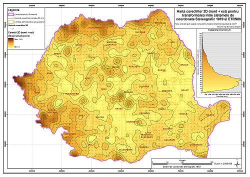 Harta corecțiilor 2D pentru transformarea între sistemele de coordonate Stereografic 1970 și ETRS89