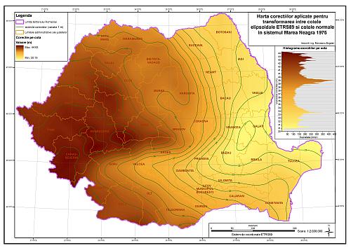 Harta corecțiilor pe cote aplicate pentru transformarea între cotele elipsoidale ETRS89 și cotele normale în sistemul marea Neagra 1975