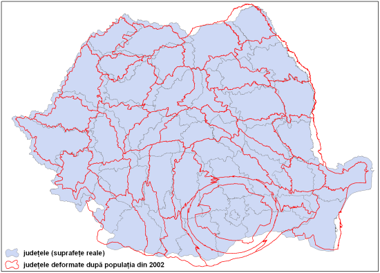 Cartograma populației județelor în anul 2002 drapată peste suprafețele reale
